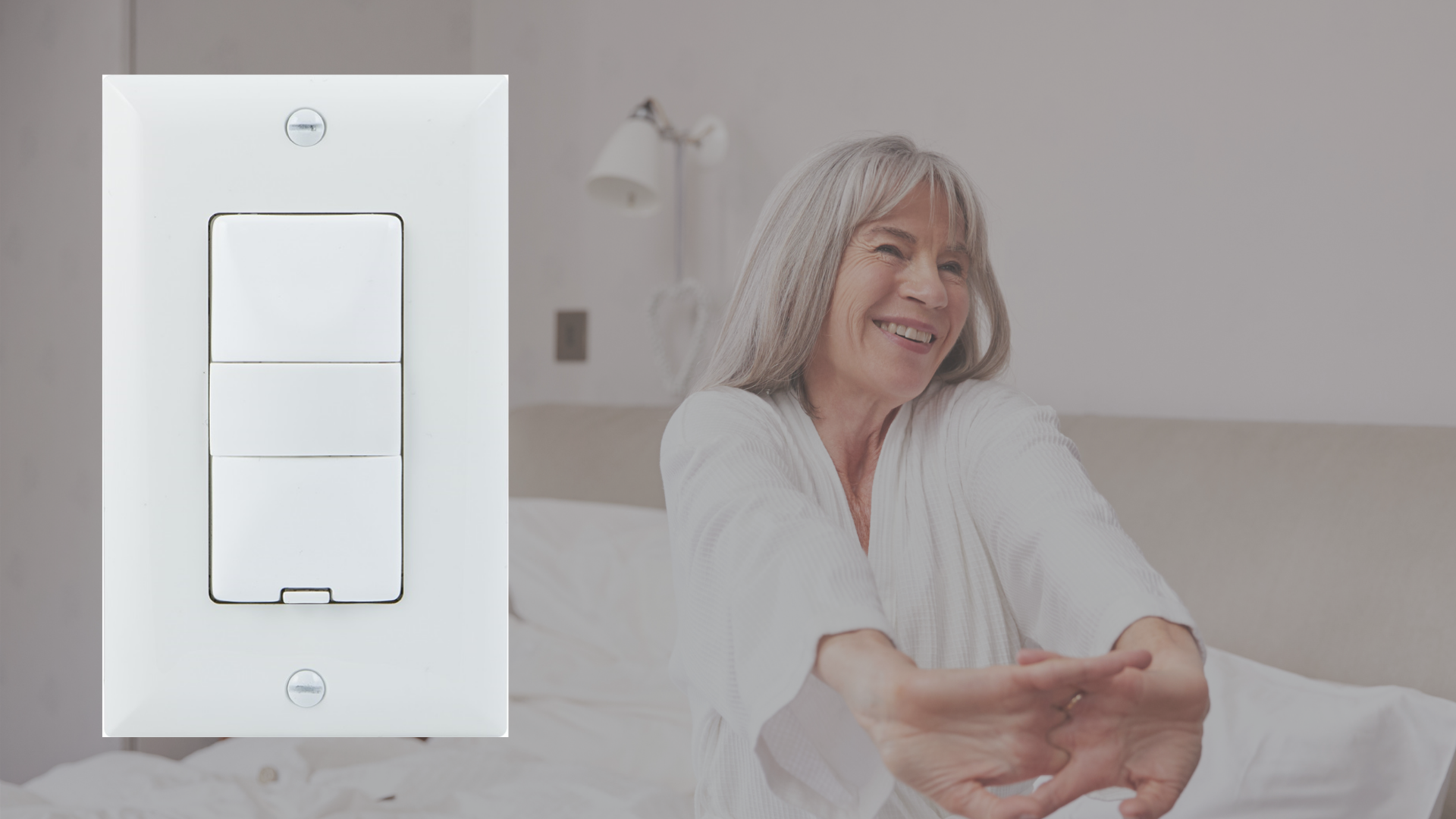Senior woman triggers smart bedroom lighting to turn on when waking up