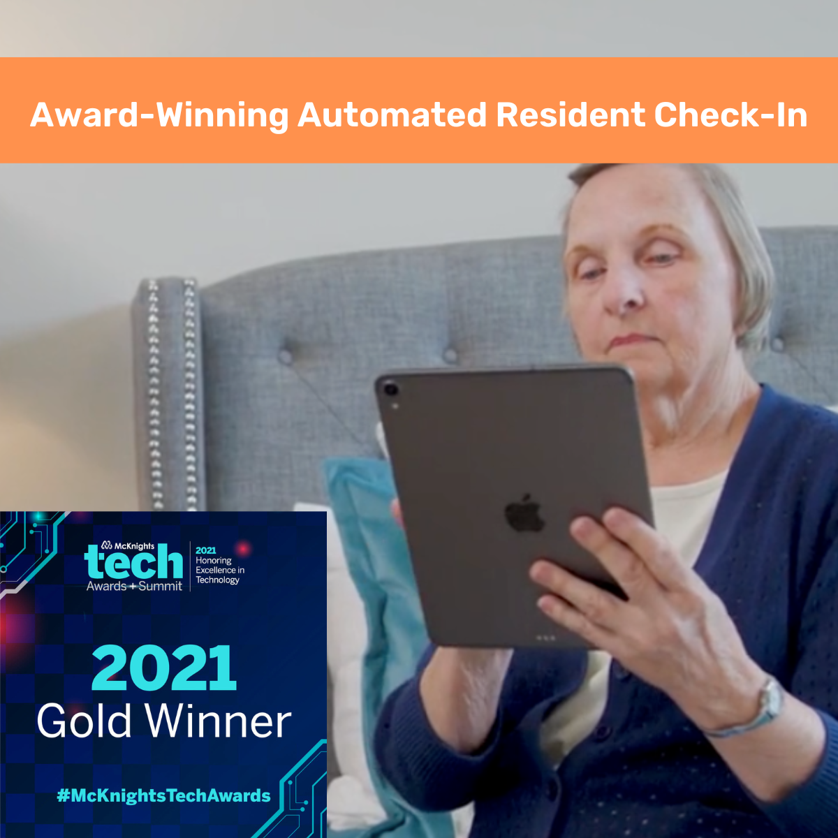 An older adult woman looks at an ipad and a graphic shows the K4Connect Smart Home award for its resident check-in solution